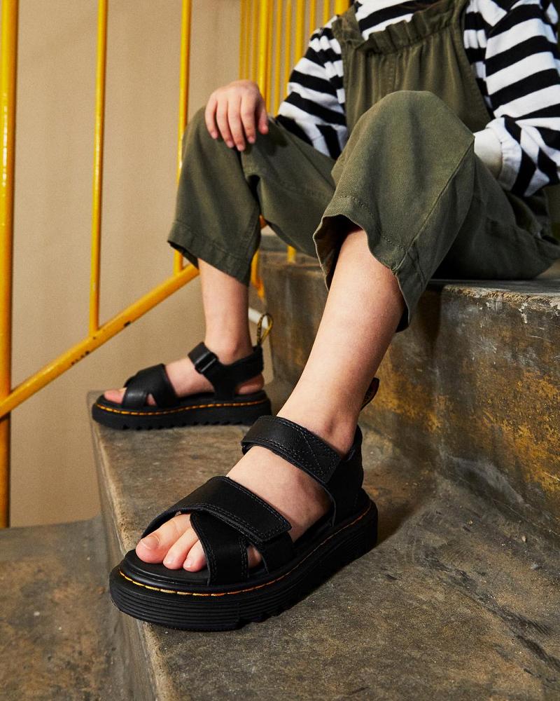 Black Kids' Dr Martens Junior Vossie Leather Sandals | CA 724JPQ